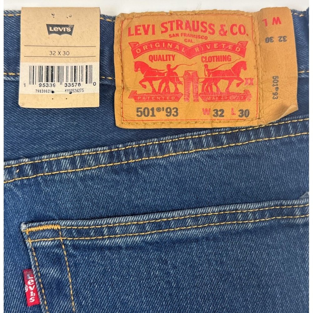 Levis 501 93 Mens 32x30 Straight Leg Dark Blue Jeans Button Fly Stretch Red Tab - Picture 11 of 11